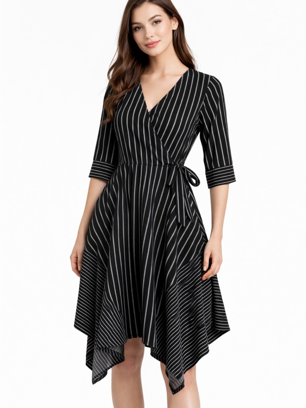 Wrapper Black and White Striped Asymmetrical Wrap Dress